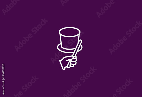 Line art icon of a magician's hand holding a wand and top hat, a classic symbol of performance magic, illusion, and entertainment for show posters or logos.
