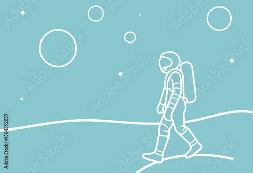 Minimalist line art of an astronaut exploring a serene alien planet with distant stars and moons, symbolizing a peaceful journey into the unknown cosmos.
