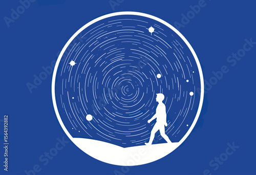 Silhouette of a man on a solitary journey through a swirling cosmic vortex of star trails, representing personal exploration, dreams, and the vastness of space.
