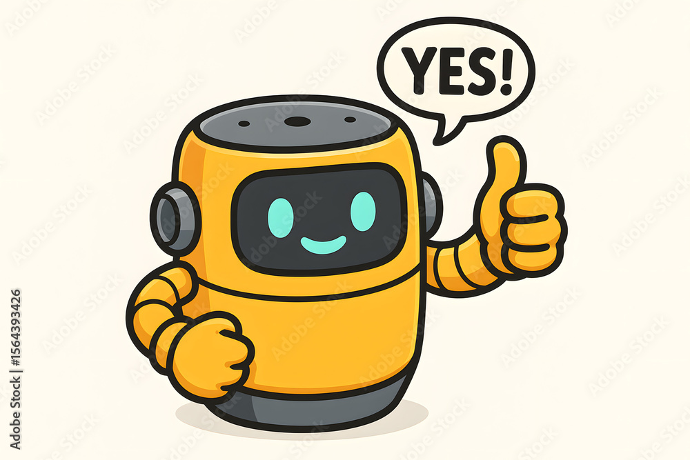 Fototapeta premium Cute Yellow Robot Cartoon Saying Yes with Thumbs Up – AI Assistant Character for Tech and Automation