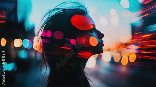 Abstract portrait of a woman with city lights and futuristic style for various creative projects and designs