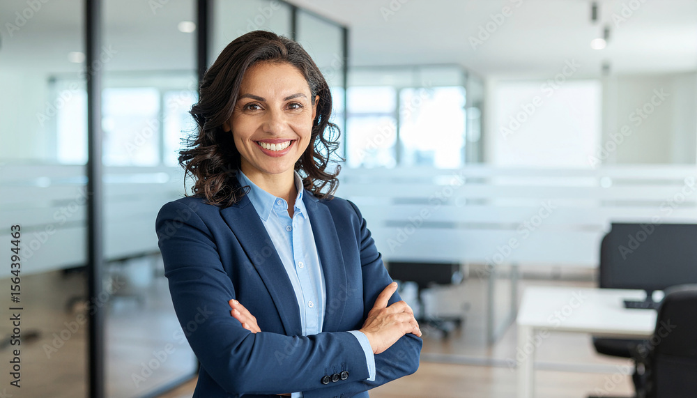Professional woman smiling with a confident expression with her arms folded against a modern office background. Professional woman smiling with a confident expression with her arms folded against a modern office background.