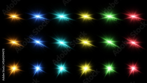 A collection of colorful light flares on a black background, featuring bright glowing starbursts in various hues including blue, green, yellow, red, and cyan. Perfect for digital art.