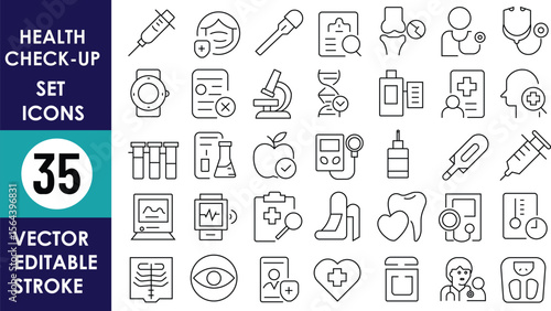 This image displays 35 editable stroke vector icons themed around health check-ups, including a syringe, stethoscope, heart, DNA, pill, apple, and test tube