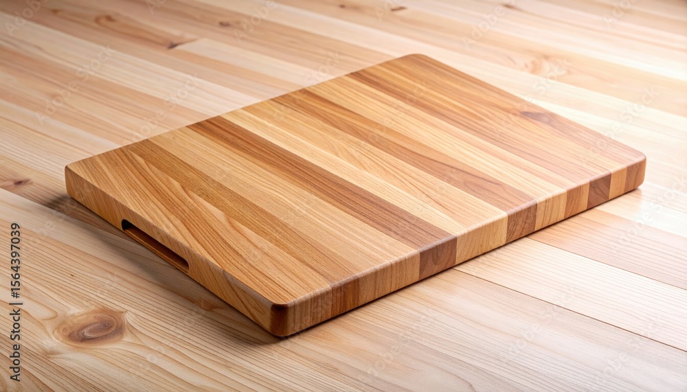 Close Up Of Wooden Cutting Board On Wood Table With Handle And Grain Pattern Close Up Of Wooden Cutting Board On Wood Table With Handle And Grain Pattern