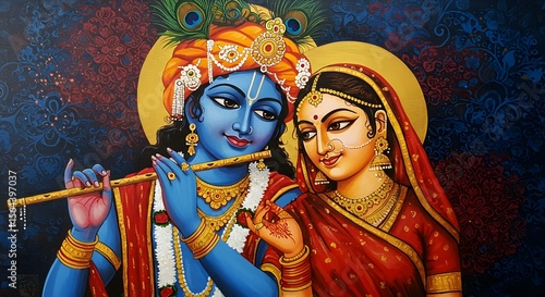 Radiant Divine Couple A Vibrant Painting of Radha and Krishna, Embodying Love and Devotion in Hindu Mythology