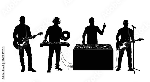 Silhouettes of Musicians Guitarist, Keyboardist, DJ, and Singer