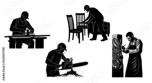 Silhouette Illustrations Craftsmen at Work - Woodworking, Carving, and Furniture Making