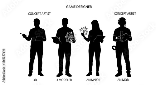 Silhouettes of Game Designers and Concept Artists 3D Modeler, Animator, and UX/UI Professionals