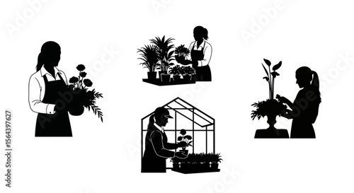 Floral Arrangement, Greenhouse Setting, Illustration, Serene Environment, Close-Up View, Nature Concept