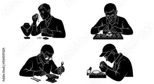 Silhouette Illustrations of Craftsmen Jewelry Making and Repair