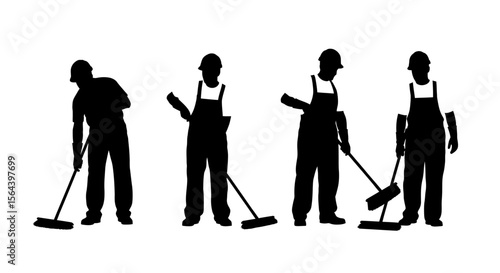Cleaning Crew Silhouettes Four Workers with Brooms and Mops