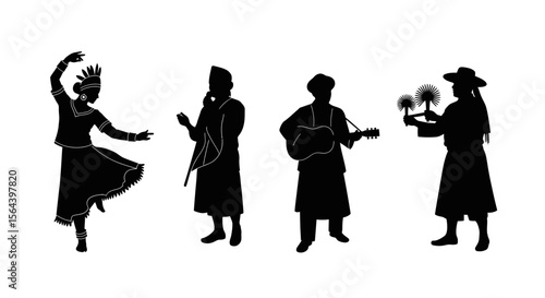 Silhouette Illustrations of Diverse Cultural Performers Dancers, Musicians, and Storytellers