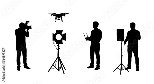 Film Crew Silhouettes Photographer, Drone Operator, Lighting Technician, Sound Engineer