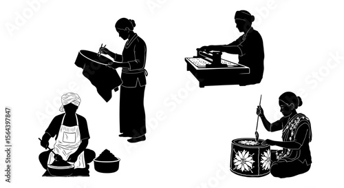 Silhouette Illustrations Women Engaged in Traditional Food Preparation