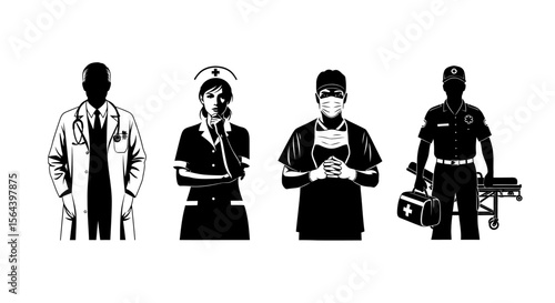 Essential Medical Professionals Doctor, Nurse, Surgeon, Paramedic Silhouettes