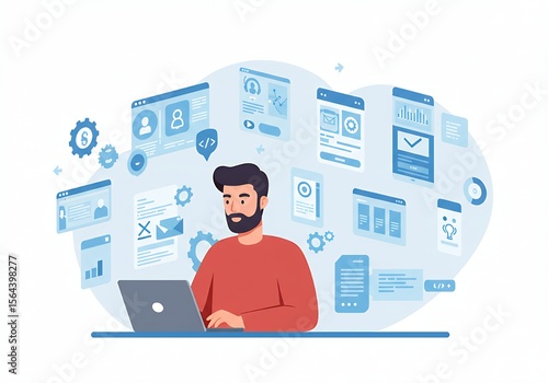 Man working on laptop surrounded by floating application windows, vector