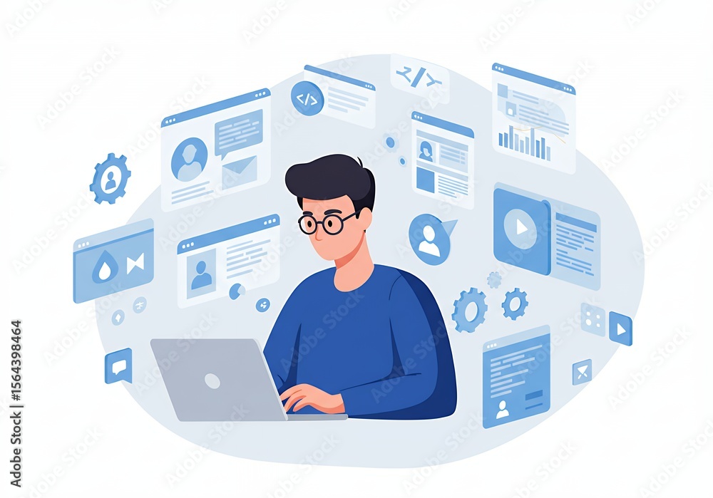 Man using laptop with various application windows, vector illustration Man using laptop with various application windows, vector illustration