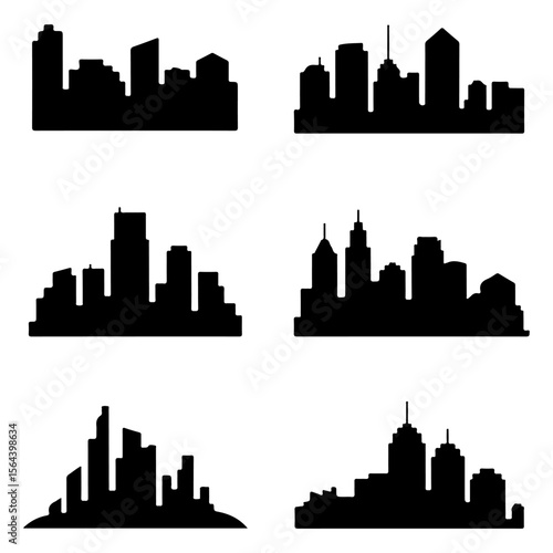 Set of Cityscape black silhouette in various style on isolated with white background