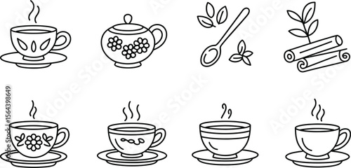 Black and white tea cups teapots spoon and cinnamon illustration