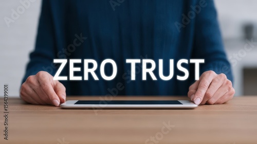 A person in a suit holds a tablet on a table with the bold text 