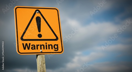 Warning road sign with dramatic sky background,
orange with black exclamation mark
