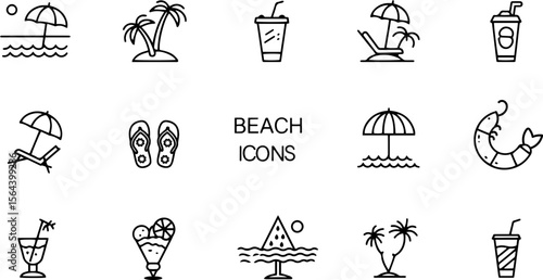 Beach icons collection including drinks, umbrellas, and flip-flops  