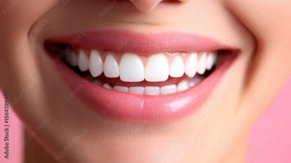 Close-up of a woman's bright, healthy smile with perfect white teeth and pink lips against a pink background. Close-up of a woman's bright, healthy smile with perfect white teeth and pink lips against a pink background.