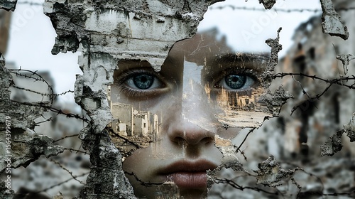 Double Exposure Portrait of a Woman's Face and a Ruined City of War.