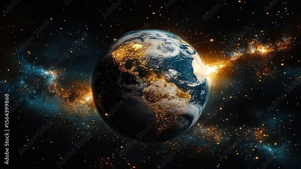 Naklejka premium A globe spinning in space with blockchain pathways connecting all continents 