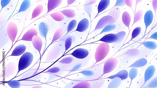 A whimsical dance of watercolor leaves in shades of lavender blue and rose creates a serene dreamy atmosphere with soft