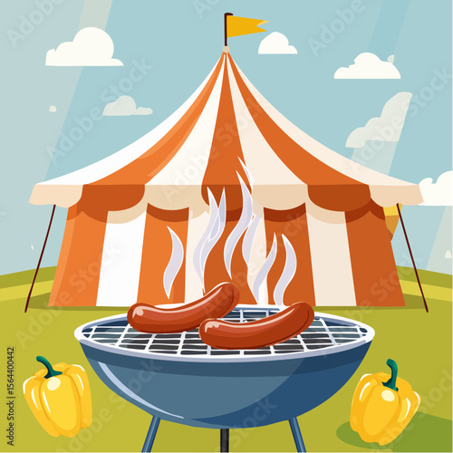 Grilled sausages with golden crust and steam rising, set against a vibrant summer festival tent, evoking a festive outdoor atmosphere Germany Summer Festivals and culinary delight