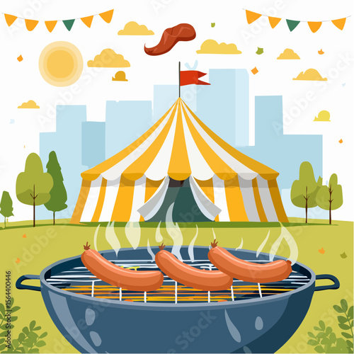 Grilled sausages sizzling on barbecue with golden crust, steam rising, surrounded by summer festival atmosphere Germany Summer Festivals, colorful tents and vibrant greenery in background