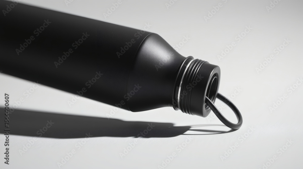 Fototapeta premium Close-up shot of a sleek black water bottle with a minimalist design against a white background.