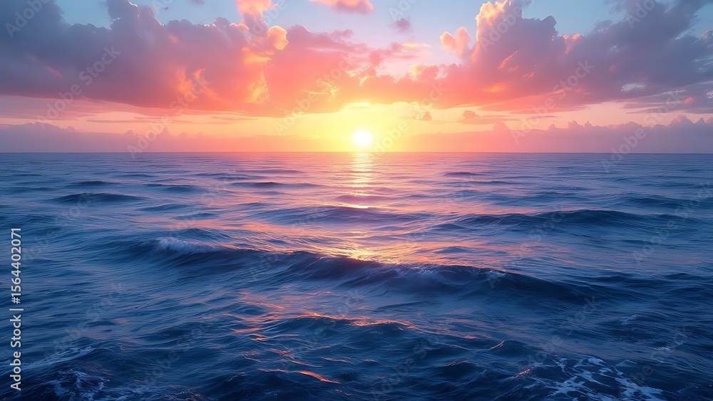 Naklejka premium Calm ocean waves under a vivid orange and pink sunset sky on the horizon. Perfect for travel promotions, background use, website headers, and relaxation or meditation themes