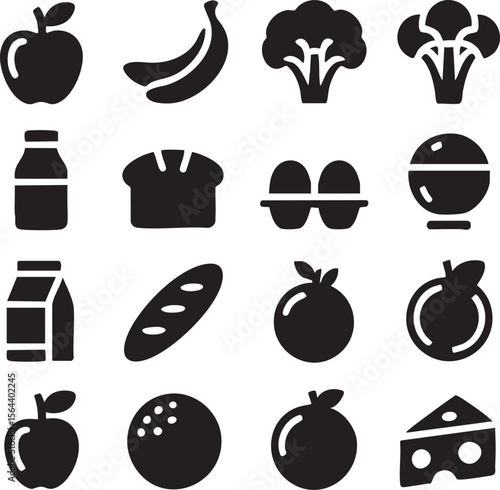 A Diverse Array of Nutritious Food Icons Showcasing Healthy Eating Choices and Culinary Variety for Balanced Diets and Wellness Promotion in Modern Graphic Design
