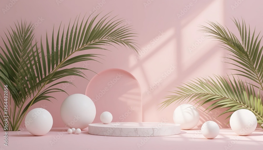 Fototapeta premium Soft Pink Gradient Backdrop With White Spheres and Sunlight Shadows, Soft pink presentation podium with palm leaves offers a modern product display for skincare or cosmetics