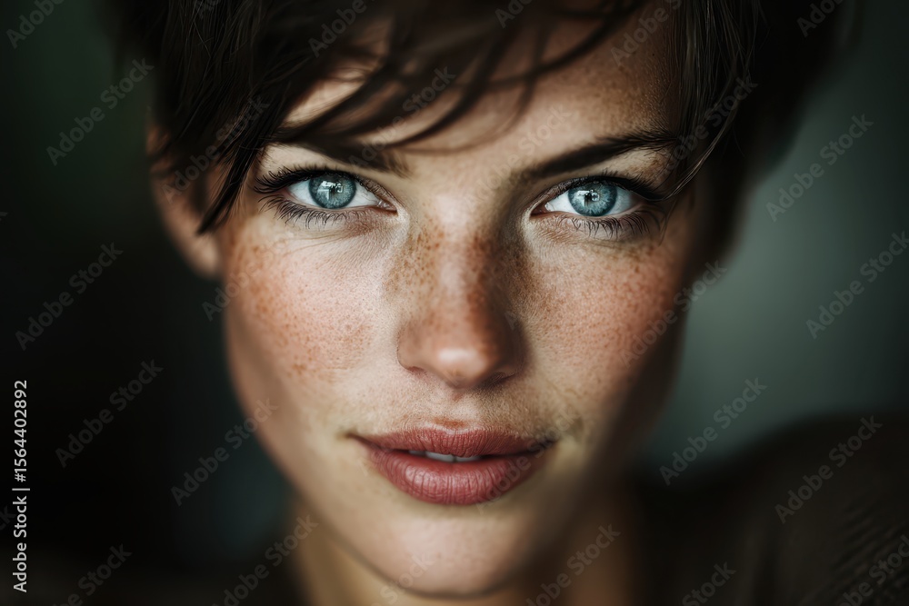 Obraz premium Portrait of a Beautiful Woman with Piercing Blue Eyes and Freckles