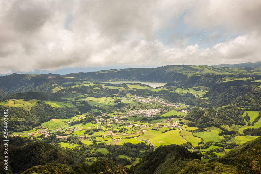 Obraz premium Aerial View of Furnas Valley from Miradouro do Salto do Cavalo, Sao Miguel, Azores