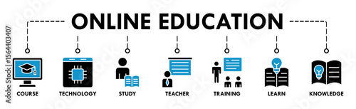 Online education banner web icon vector illustration concept with icon of course, technology, study, teacher, training, learn and knowledge