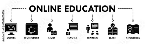 Online education banner web icon vector illustration concept with icon of course, technology, study, teacher, training, learn and knowledge