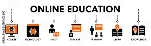 Online education banner web icon vector illustration concept with icon of course, technology, study, teacher, training, learn and knowledge