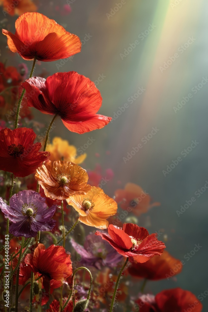 Obraz premium Poppy flowers with a sunbeam
