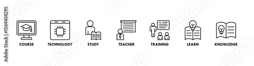 Online education banner web icon vector illustration concept with icon of course, technology, study, teacher, training, learn and knowledge