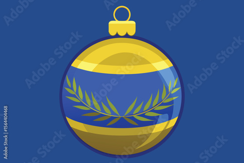A shiny blue glass holiday ornament and a golden Christmas bauble with a ribbon are isolated festive winter season decorations