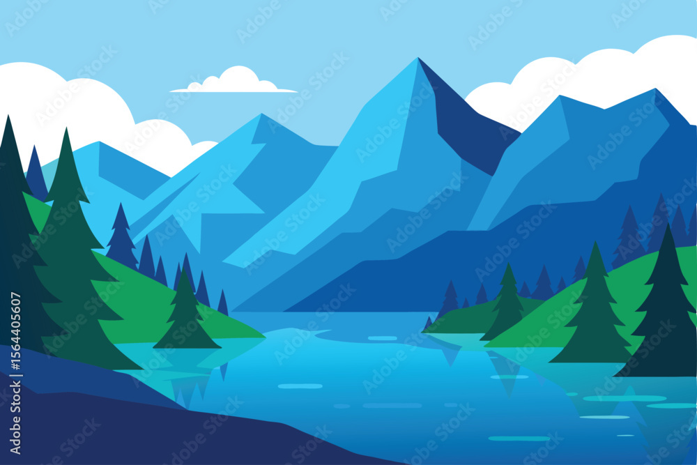 Fototapeta premium Serene Lake Landscape A Flat Vector Illustration of Mountains, Trees, and Water