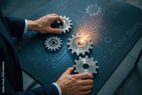 Interlocking Gears: A close-up of a business person's hands delicately arranging precision-engineered gears, highlighting interconnected processes, cooperation and collaborative strategies.