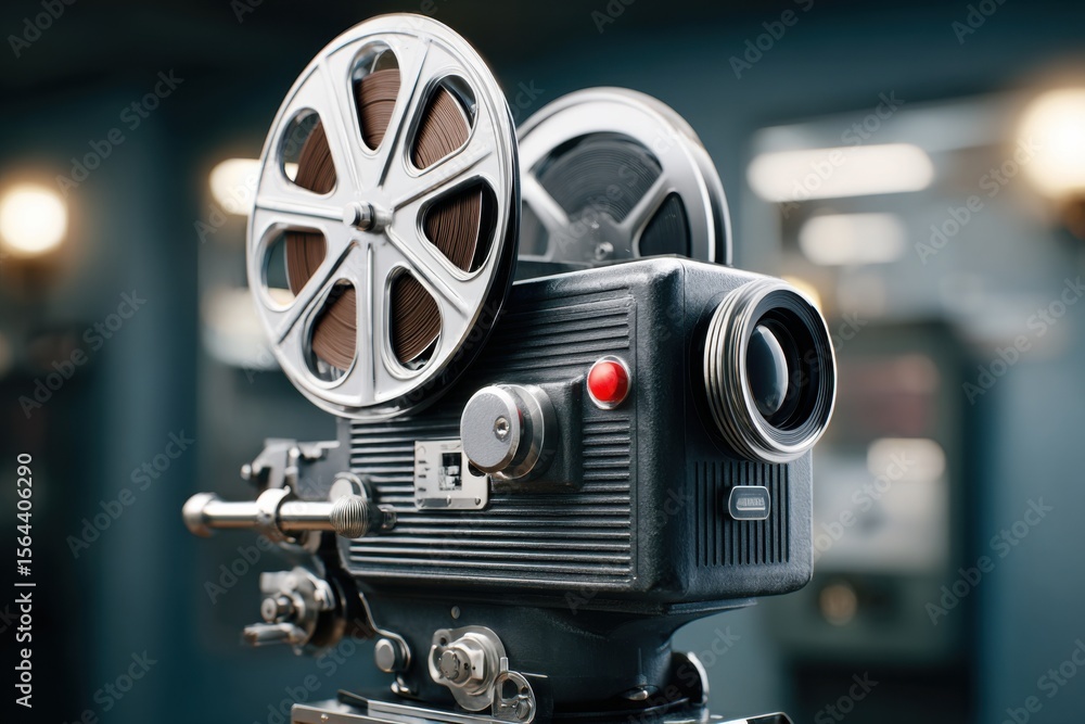 Obraz premium Vintage film camera with reels, showcasing intricate design and mechanical features, set in a dimly lit studio environment, capturing the essence of classic filmmaking