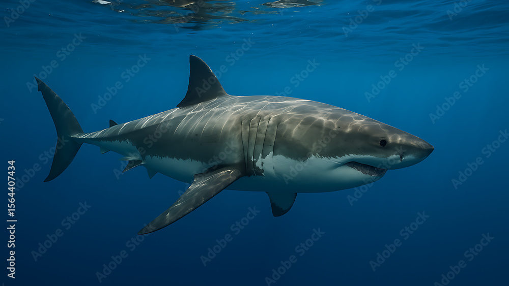 Fototapeta premium Majestic great white Shark Awareness Day an awe-inspiring view of a powerful great white shark swimming gracefully in crystal-clear blue ocean waters