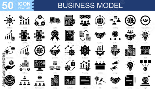 Business Model icon collection set. Containing distribution, revenue, resources, supplies, Policy icon.